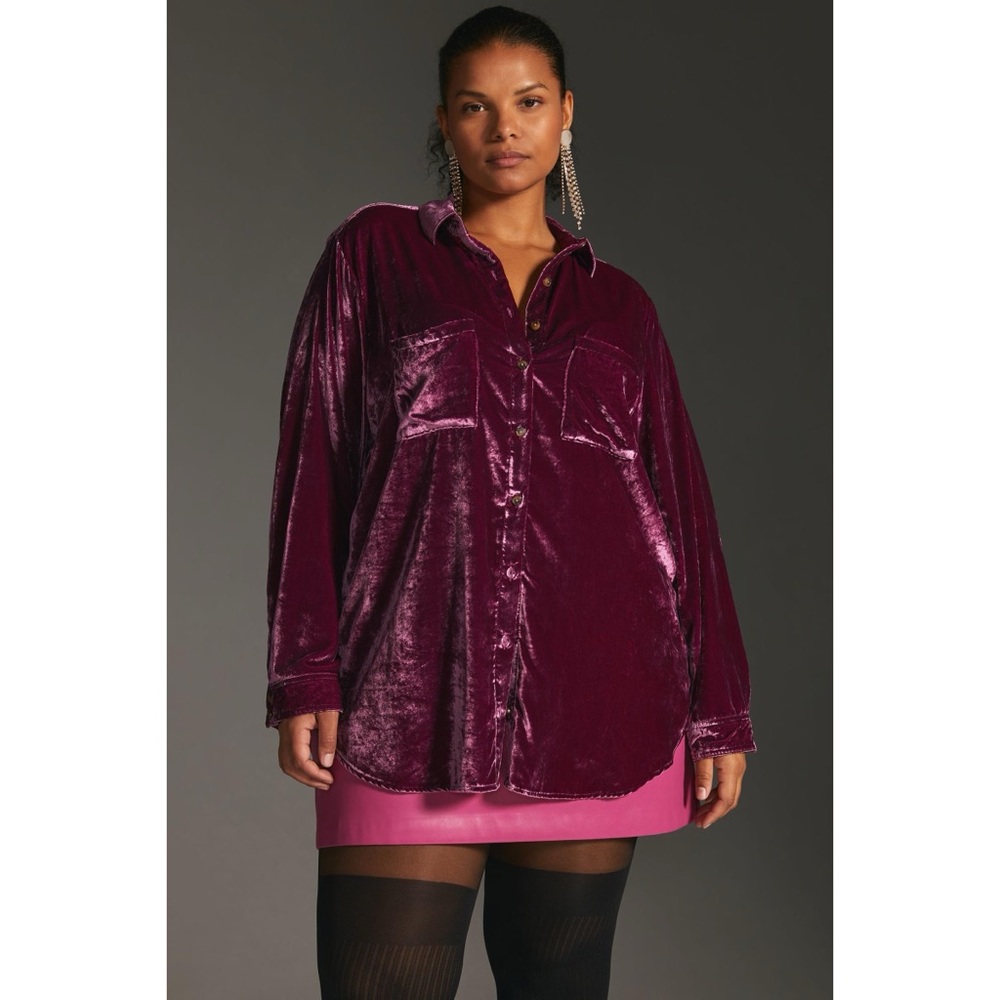 Anthropologie Pilcro Relaxed Velvet Button Down Shirt‎ in Plum Purple
